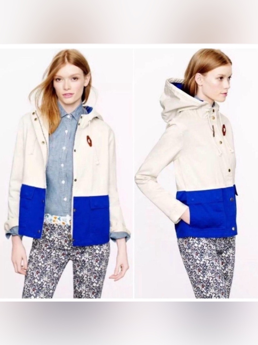 J.Crew Colorblock Hooded Utility Jacket Cream Blue Cotton Women’s Large